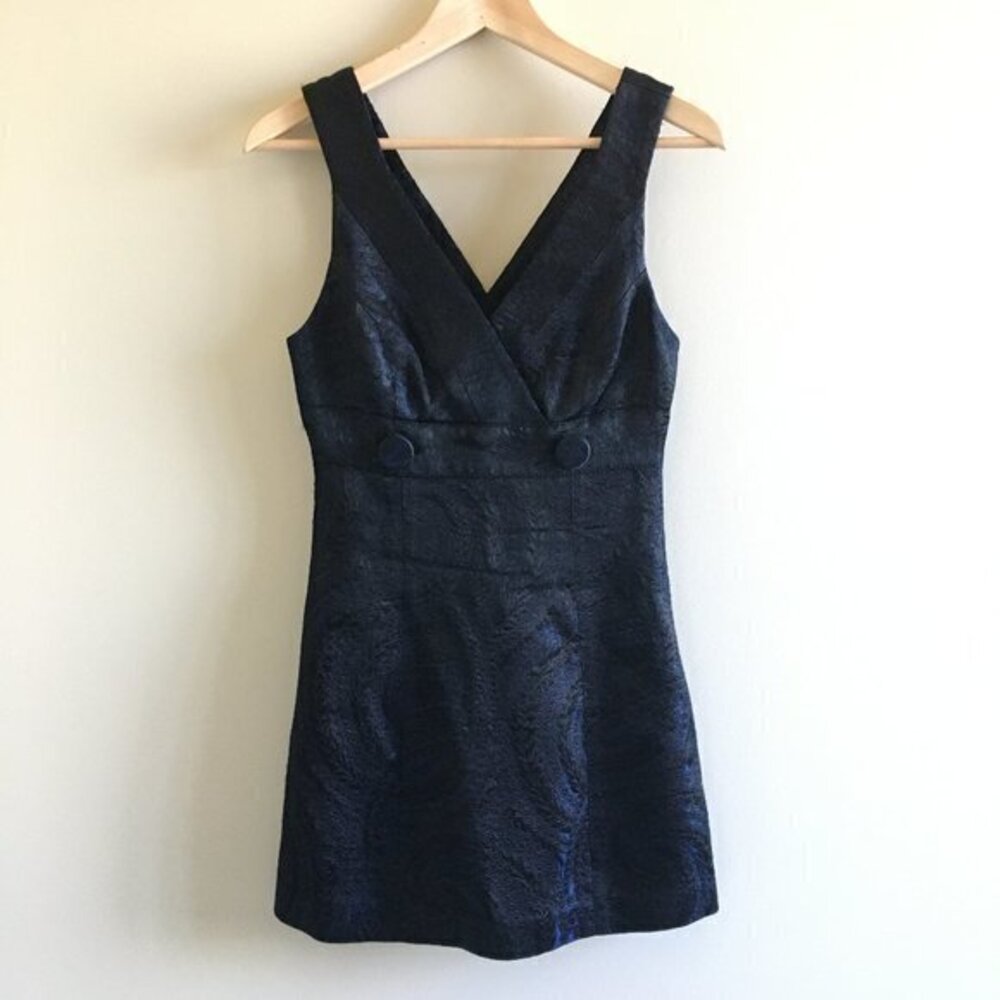 BEBE Black Blue Double V Cocktail Dress Metallic